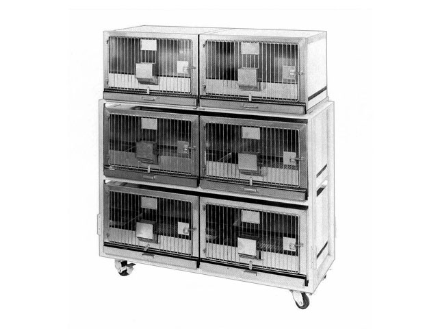 self-contained rabbit cage units on a rack